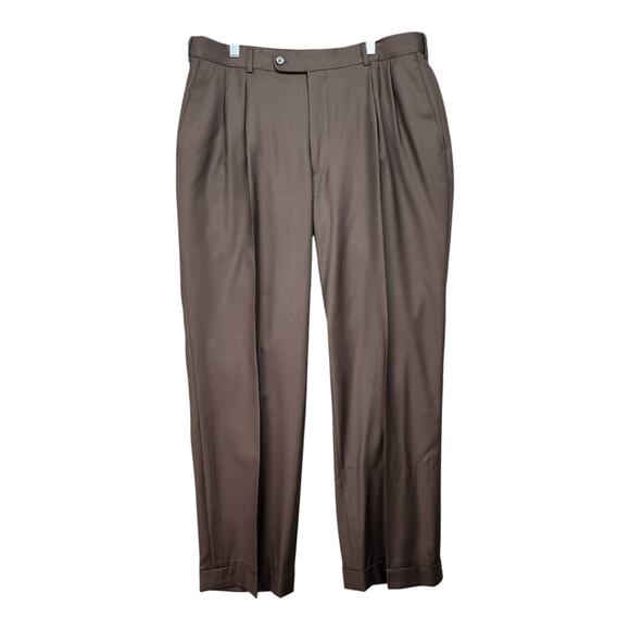 Mens 34x28 Brown Pleated Silky Cuffed Dress Pants Relaxed Straight Career Office - Picture 2 of 9